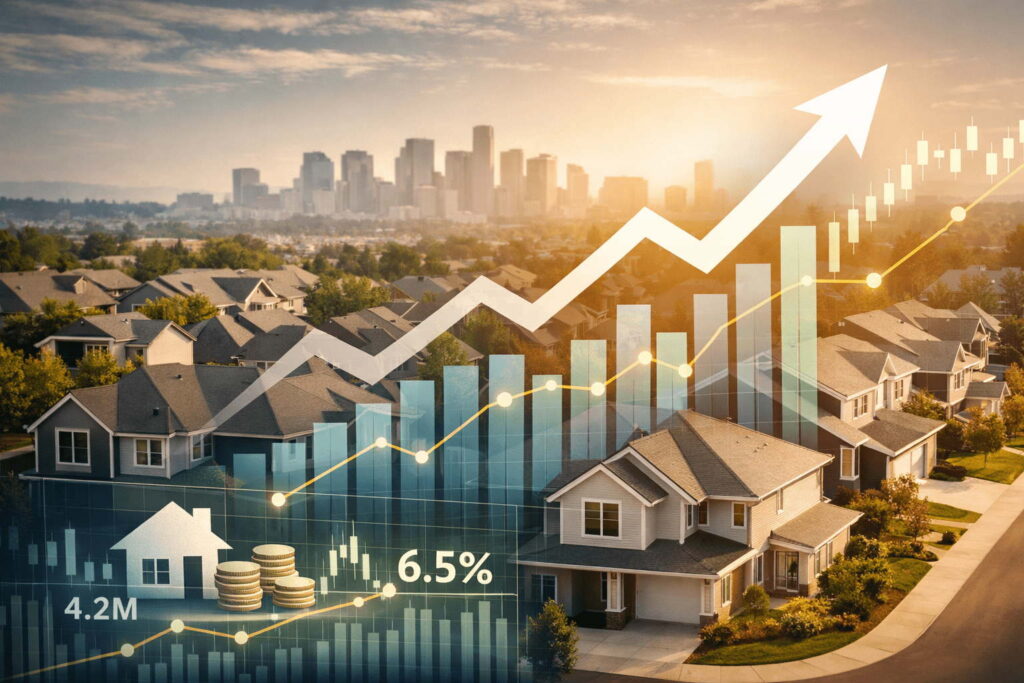 Financial growth chart overlaid on housing market showing Montana home sales forecast for 2026.