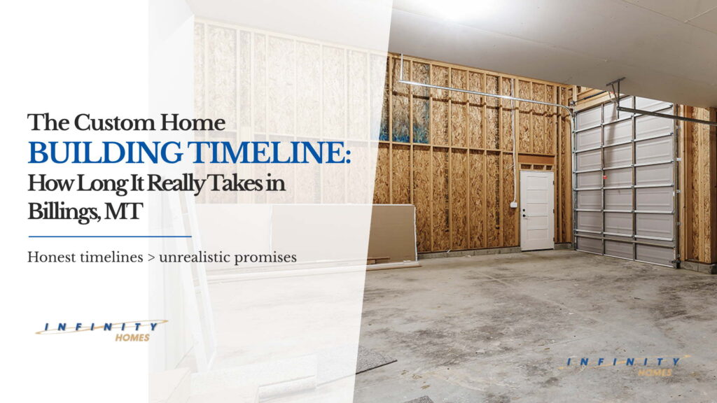 Exposed interior garage framing displaying custom home building timeline steps in Billings, MT.